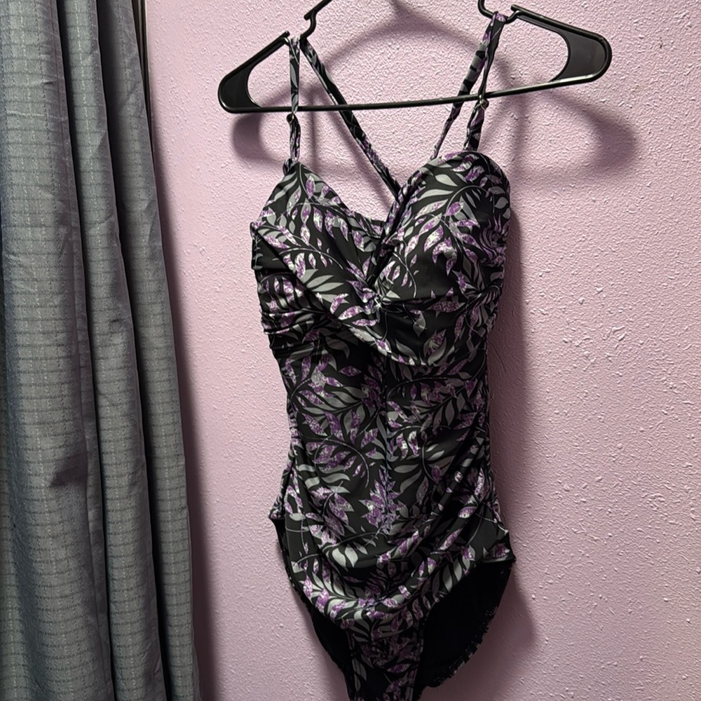 Snozu One-Piece Swimsuit Floral Black Purple Size 14 Tropical Beach